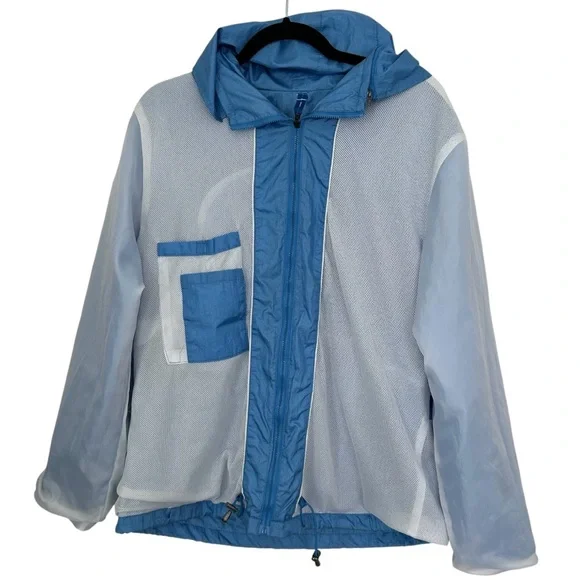 NEYELLE Women’s VintageY2K Windbreaker Blue/White Kangaroo Pocket Zipper Hood XL - Picture 3 of 14